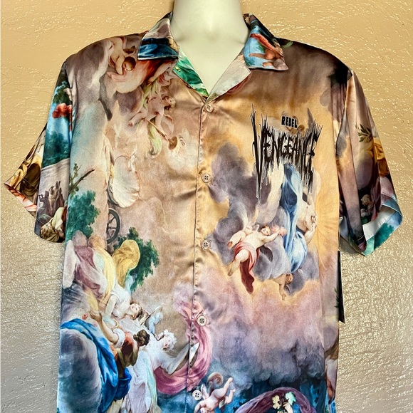NWT REBEL VENGEANCE Wearable Art ITALIAN Boticelli and LOGO Print Satin SHIRT M - Picture 15 of 16